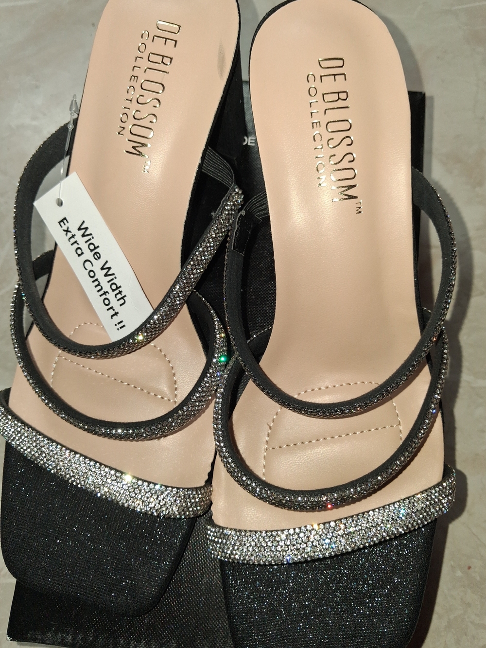 De Blossom Collection Black Rhinestone Strappy Heels